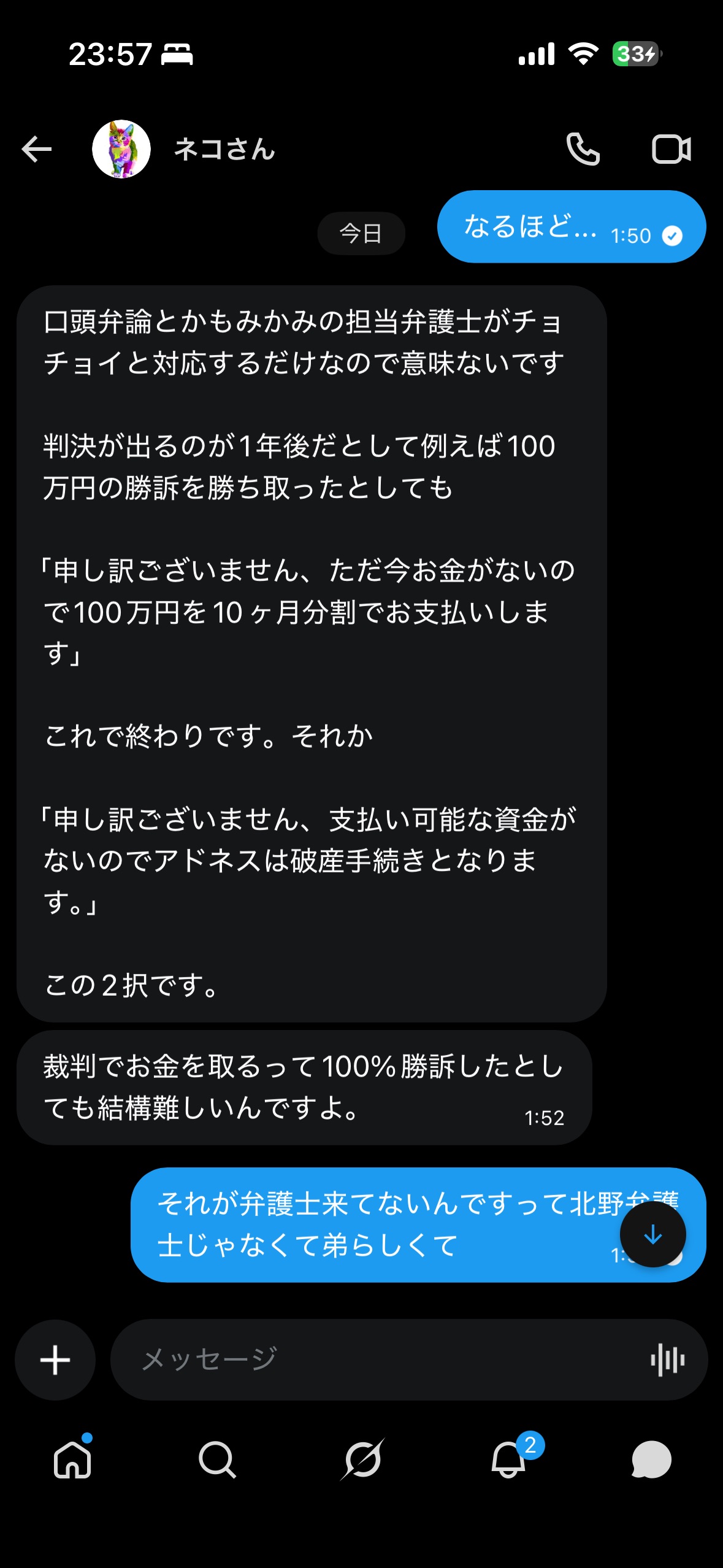 勝訴しても相手に支払い能力がなければ回収が難しい、という一般的な説明のやり取り
